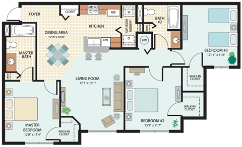 3 Bedroom Floor Plan at Cross Creek Apartments in Tampa FL